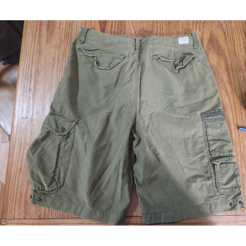 American Eagle Green Cargo Shorts Men's 34x10 Inseam Pockets Drawstring Thrashed